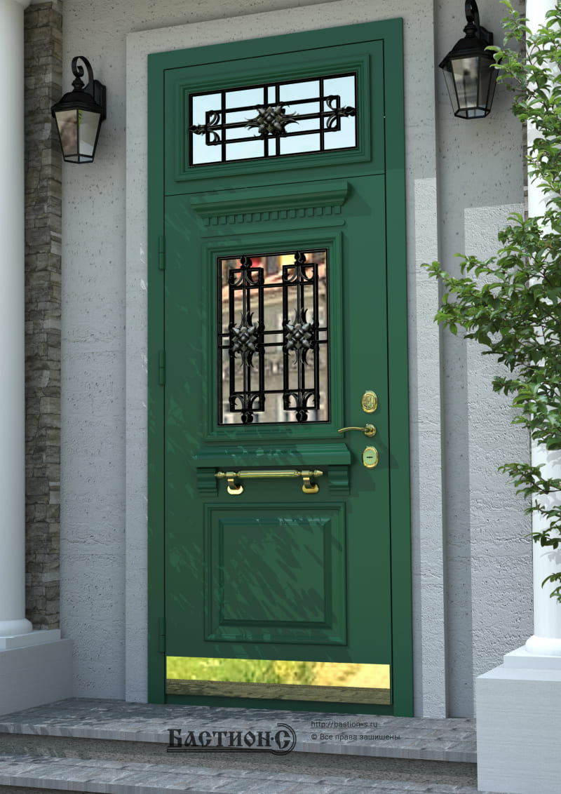 Дверь входная стальная Бастион Классик с фрамугой и кованной решеткой фото интерьер
