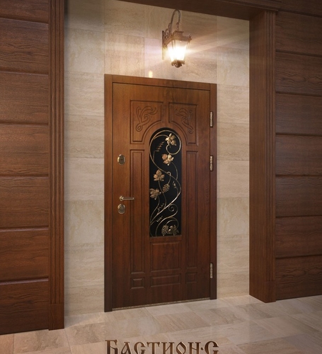 Стальная входная дверь Бастион-С Классик с фрамугой и кованной решеткой массив дуба